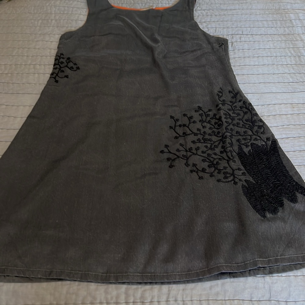 Wash grey silk dress with orange lining and black embroidery on the sides